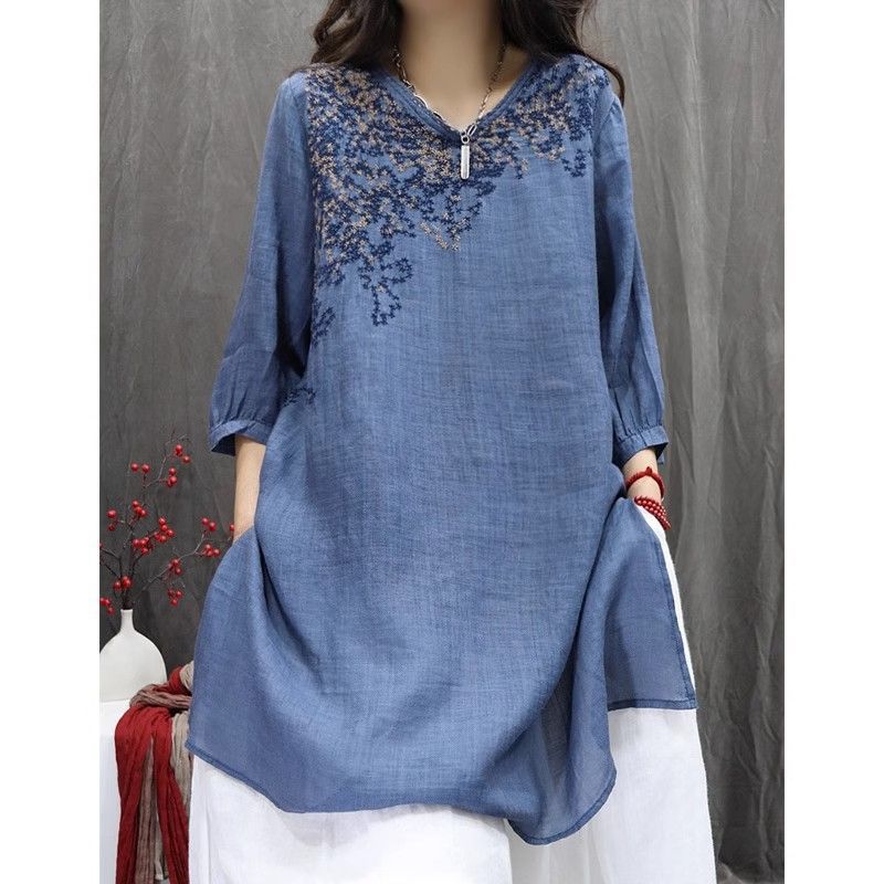 Vintage Embroidered Loose Slim-fit Bohemian Casual Mid-length Top