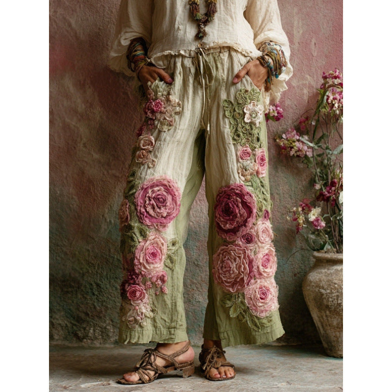 3D Floral Print Pattern Elegant Straight Women's Trousers