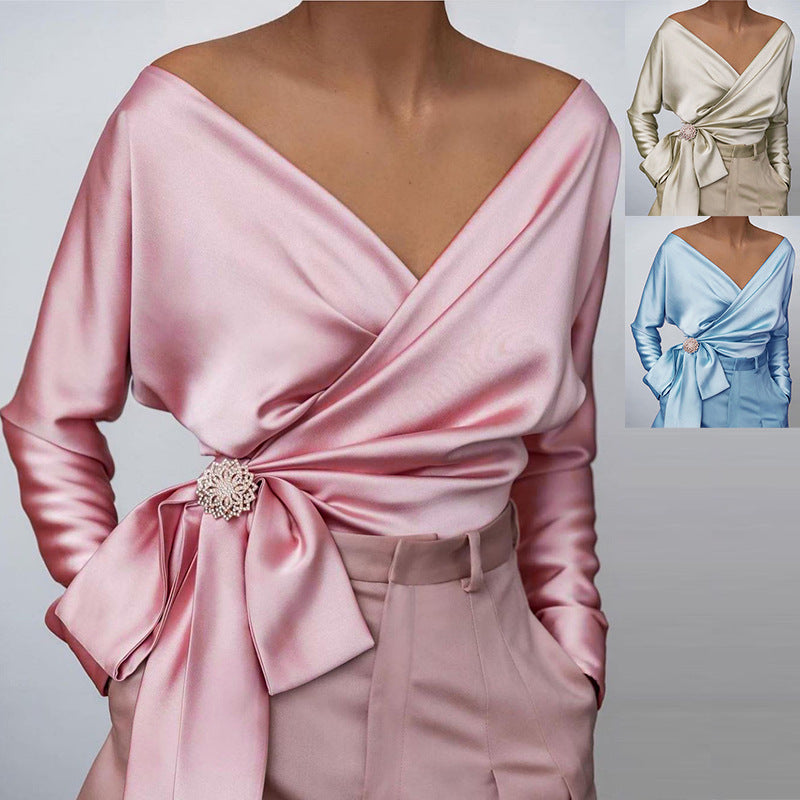 Fashion Women's Wear Solid Color Sexy V-neck Slim Fit Tied Top