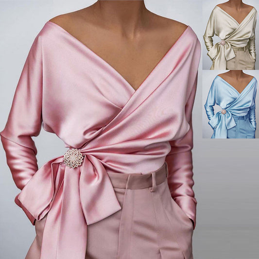 Fashion Women's Wear Solid Color Sexy V-neck Slim Fit Tied Top