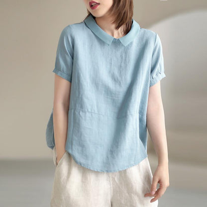 Women's Fashion Casual Loose Cotton And Linen Short Sleeve Stitching Shirt