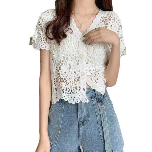 Niche V-neck Hollow Crochet Lace Shirt For Women