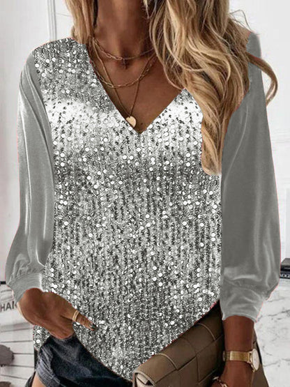 Women's V-neck Loose Gold Velvet Sequined Long Sleeve