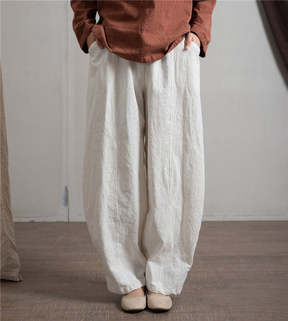 Women's Simple Casual Cotton Linen Harem Wide-leg Trousers Elastic Waist Pants