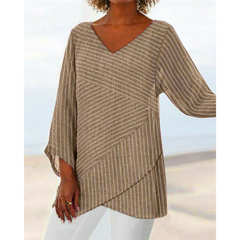 V-neck solid color cross stripes women's long sleeve top