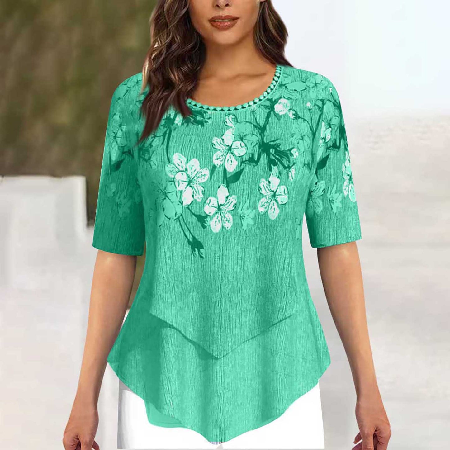 Positioning Printed Round Neck Irregular Short Sleeve