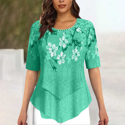 Positioning Printed Round Neck Irregular Short Sleeve