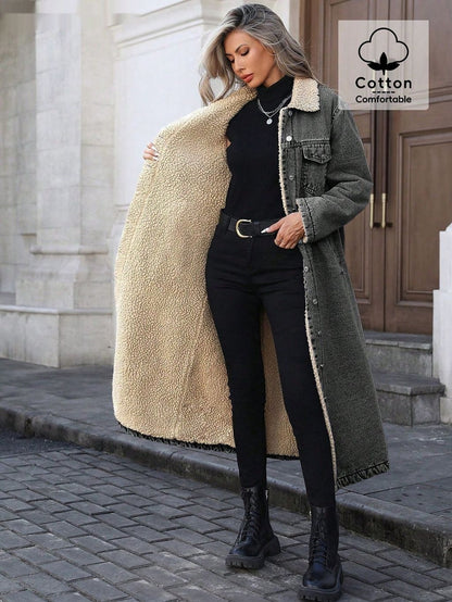 Womens Loose, Long, Fleece-lined Cotton Denim Jacket