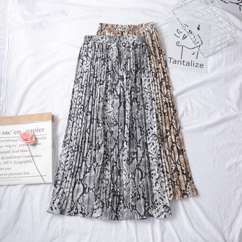 European And American Snake Print Pleated Skirt With High Waist And Slimming