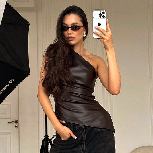Solid Color Sleeveless One-shoulder Diagonal Collar Zipper T-shirt Top For Women