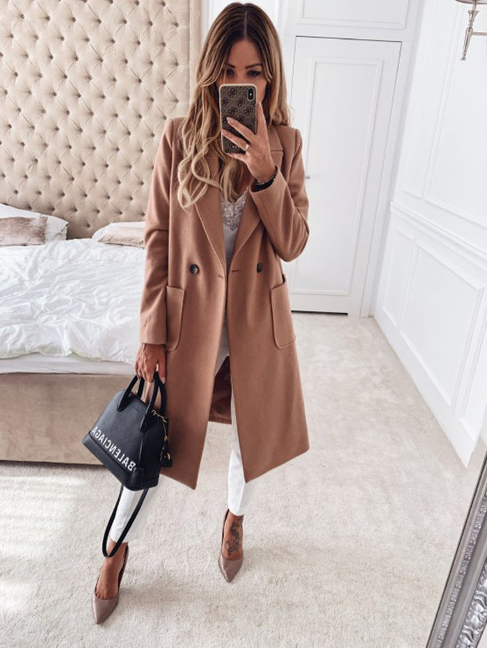 Long candy color lapel woolen coat