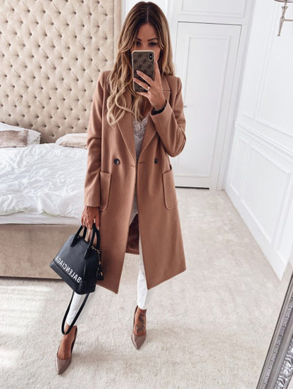 Long candy color lapel woolen coat