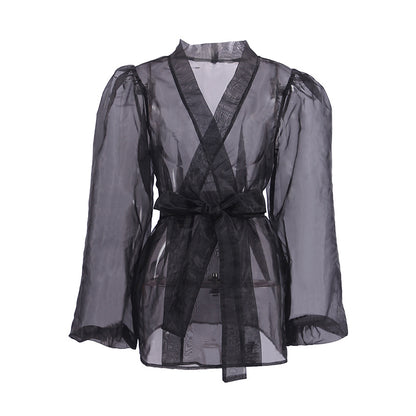 Women's Fashion Casual Sheer Mesh Shirt Coat