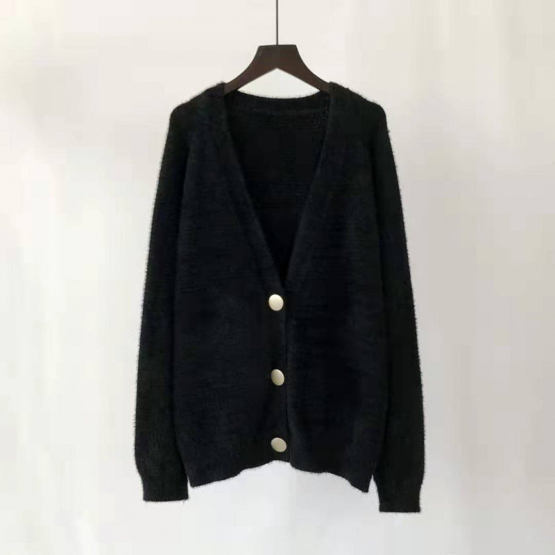 V-Neck Knitted Cardigan Button Mink Like Coat