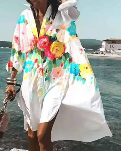 Women's Casual Loose Lapel Midi Shirt Dress