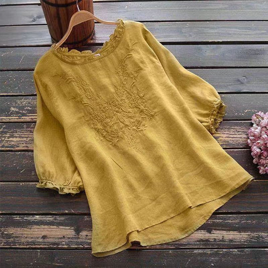Art Style Short Sleeve T-shirt Female Embroidered Plus Size