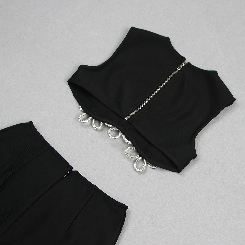 Women's Fashion Cutout Sleeveless Rhinestone Top Skirt Suit Bandage