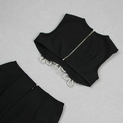 Women's Fashion Cutout Sleeveless Rhinestone Top Skirt Suit Bandage