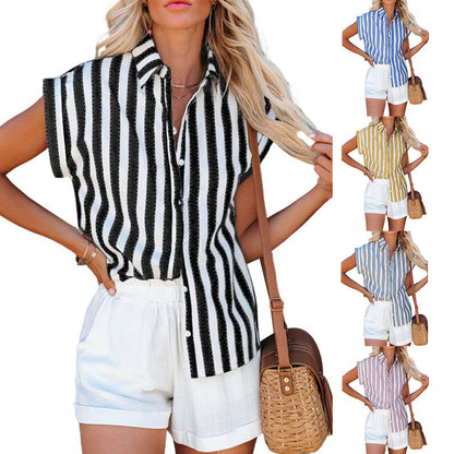 Short Sleeve Striped Women's Loose Single Breasted Shirt