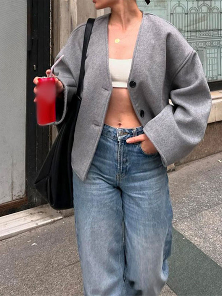 Women's V-neck Long Sleeve Button Short Coat