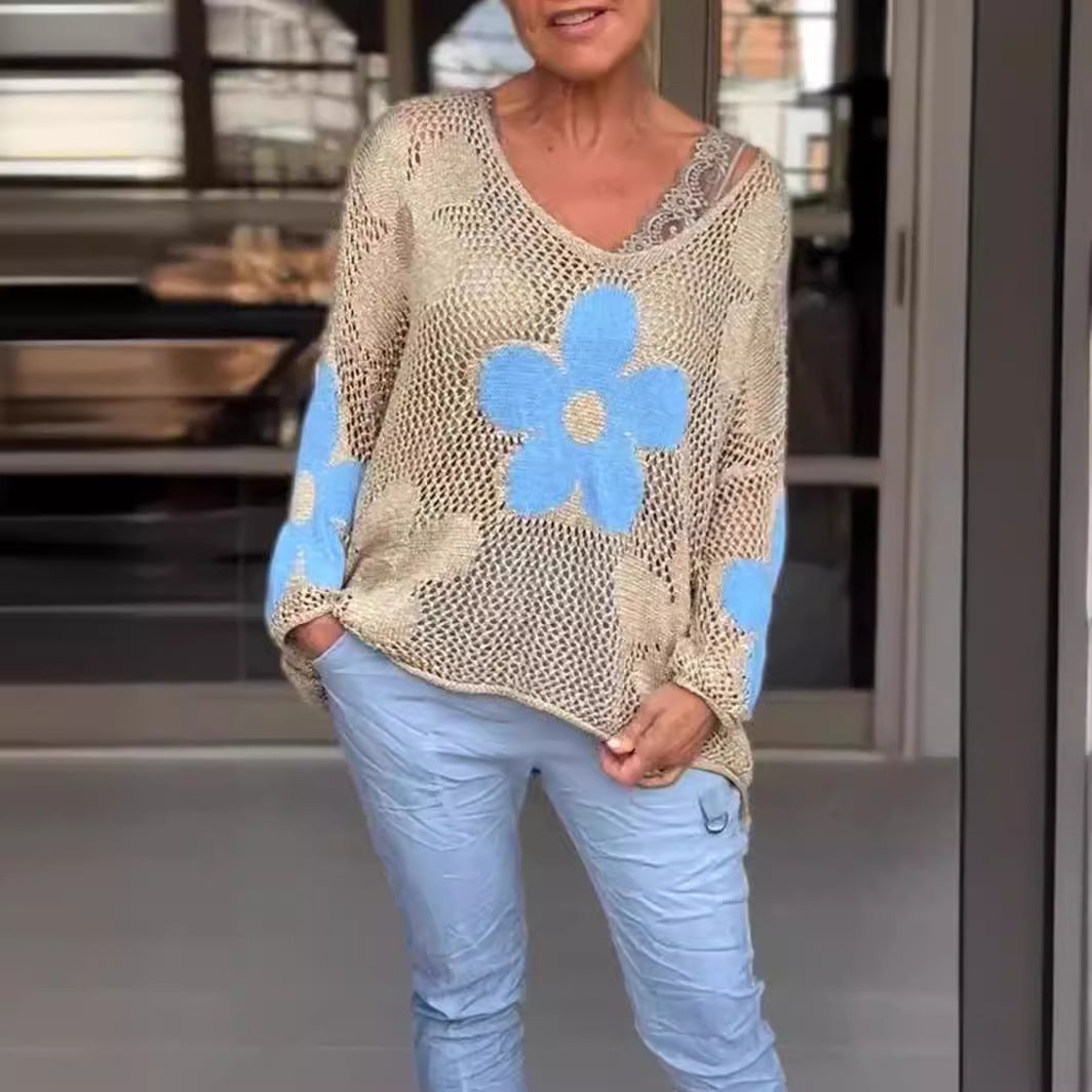 Floral Knitted Hollow Out V-neck Shirt