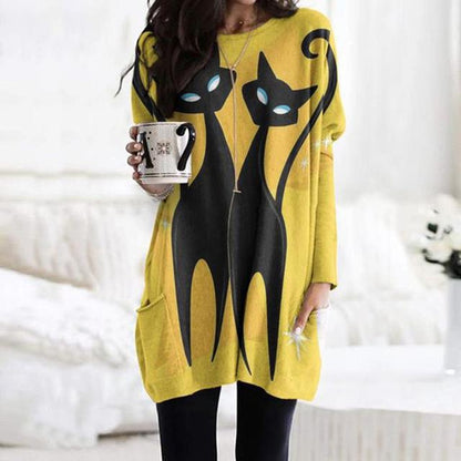 New Christmas Print Women's Fashion Pocket T-shirt Long
