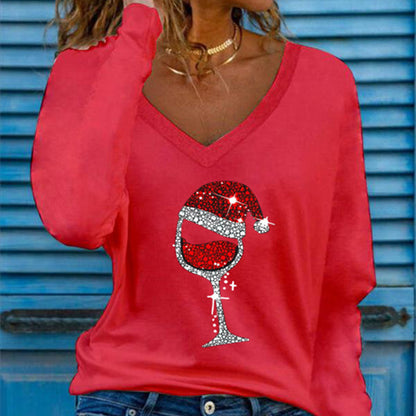Women's Fashion Casual Christmas Wine Glass Printed Long Sleeve Loose Versatile T-Shirt