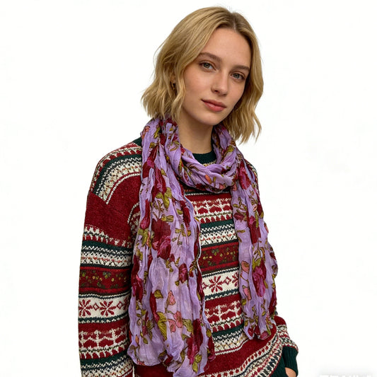 Magenta Printed Polyester Scarf - Crinkle Long Scarf 63inchx23inch