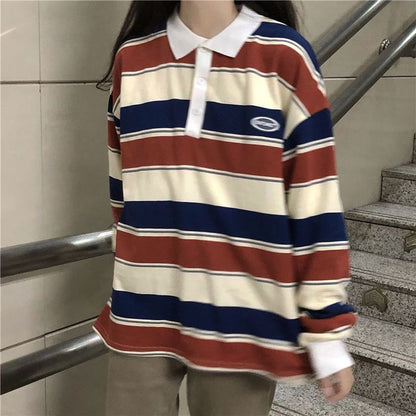 Spring And Autumn Idle Style Striped Loose Collar Sweater