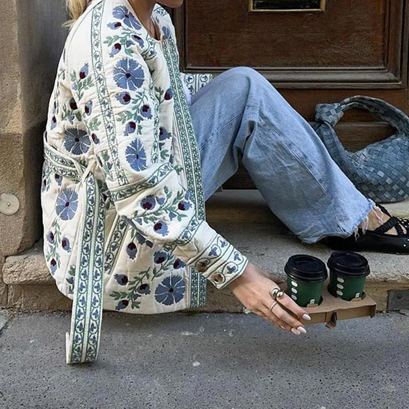 Elegant Blue Printed Lace-up Waist-tight Cotton-padded Jacket