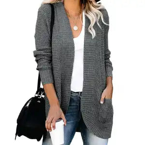 European And American Curved Placket Big Pocket Sweater Cardigan