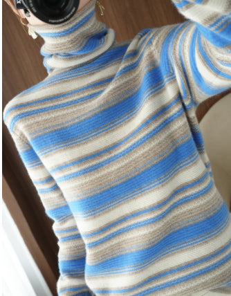 Turtleneck Women's Knitted Sweater Wool Striped Long Sleeves