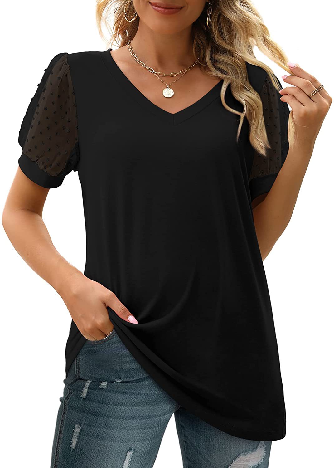 Women's T-shirt Solid Color V-neck Simple Mesh Bubble Sleeve