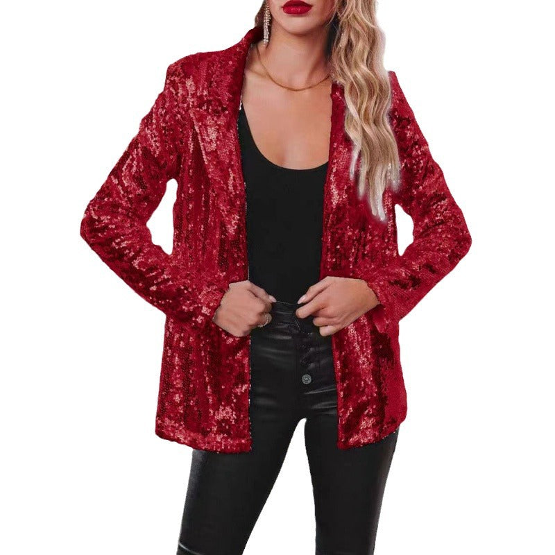 Lapel Long Sleeve Sequined Casual Suit Jacket Women
