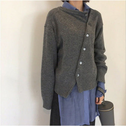 Women's Oblique Button Irregular Round Neck Sweater