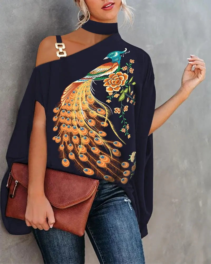 Women's Fashion Doll Sleeve Printed Shirt