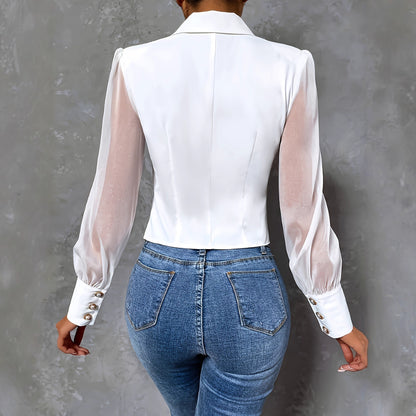 Single-breasted Mesh Sleeves Slim Top Sexy Lining