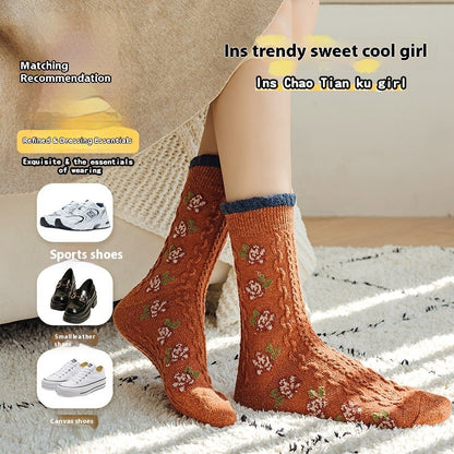 Vintage Small Flower Wool Socks Fleece Lined Padded Warm Keeping Tube Socks
