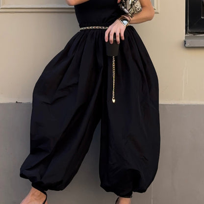 High Waist Pure Color Ankle-tied Wide Bloomers Harem Pants