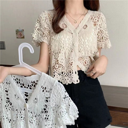 Niche V-neck Hollow Crochet Lace Shirt For Women