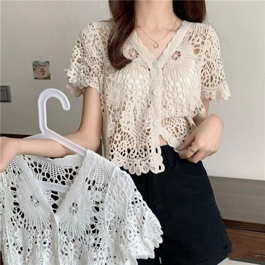 Niche V-neck Hollow Crochet Lace Shirt For Women