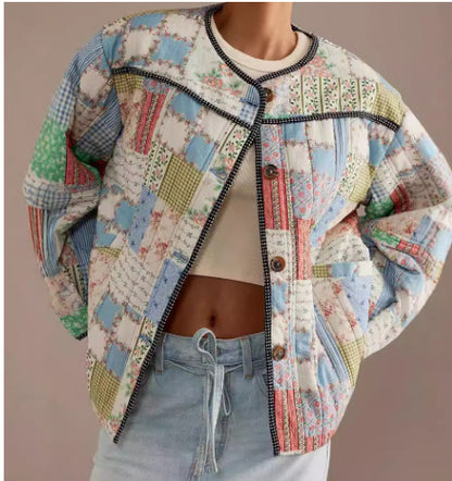 Elegant Blue Printed Lace-up Waist-tight Cotton-padded Jacket