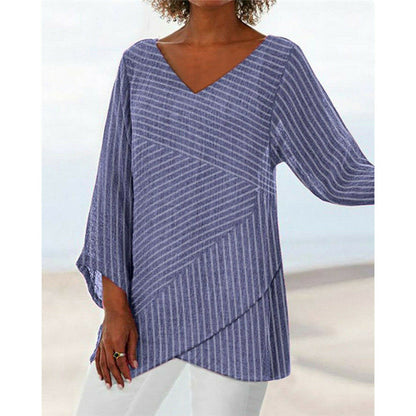 V-neck solid color cross stripes women's long sleeve top