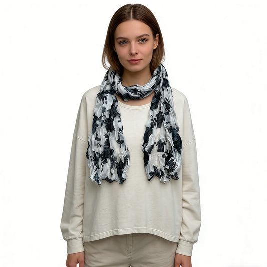Black & White Printed Crinkle Scarf - Graphic Textured Scarf 63inchx23inch