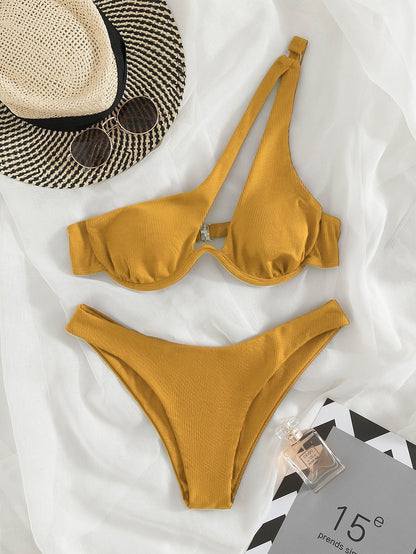 Ladies Split Swimsuit Solid Color One Shoulder Underwire Bikini