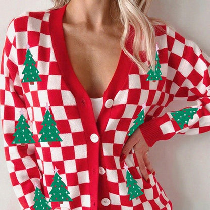 Fall New Single Row Multi-buckle Knitwear For Women European And American Fashion & Trend Christmas Printed Cardigan For Women