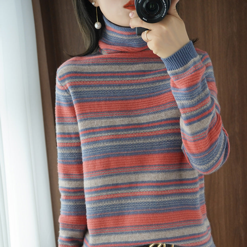 Turtleneck Women's Knitted Sweater Wool Striped Long Sleeves