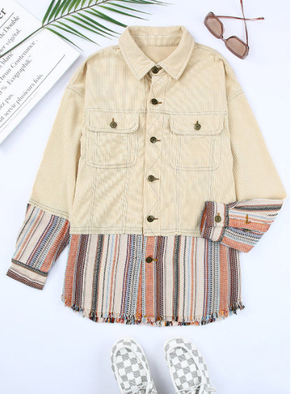 Button Up Pockets Striped Color Block Corduroy Jacket