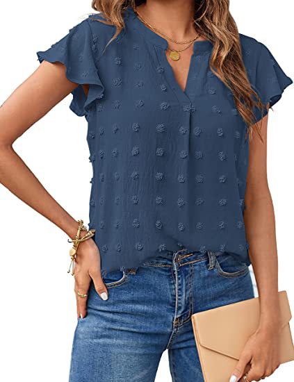 Women's Fashion V-neck Ruffle Sleeve Chiffon Shirt Short Sleeve