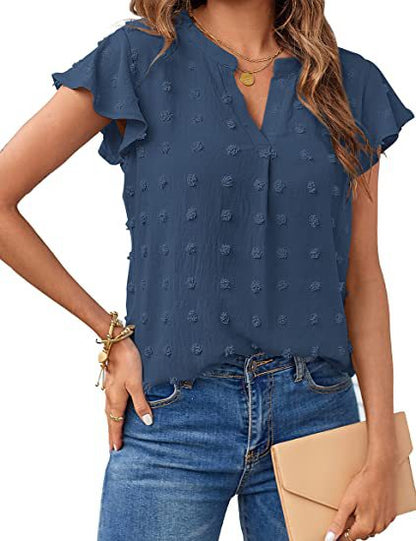 Women's Fashion V-neck Ruffle Sleeve Chiffon Shirt Short Sleeve